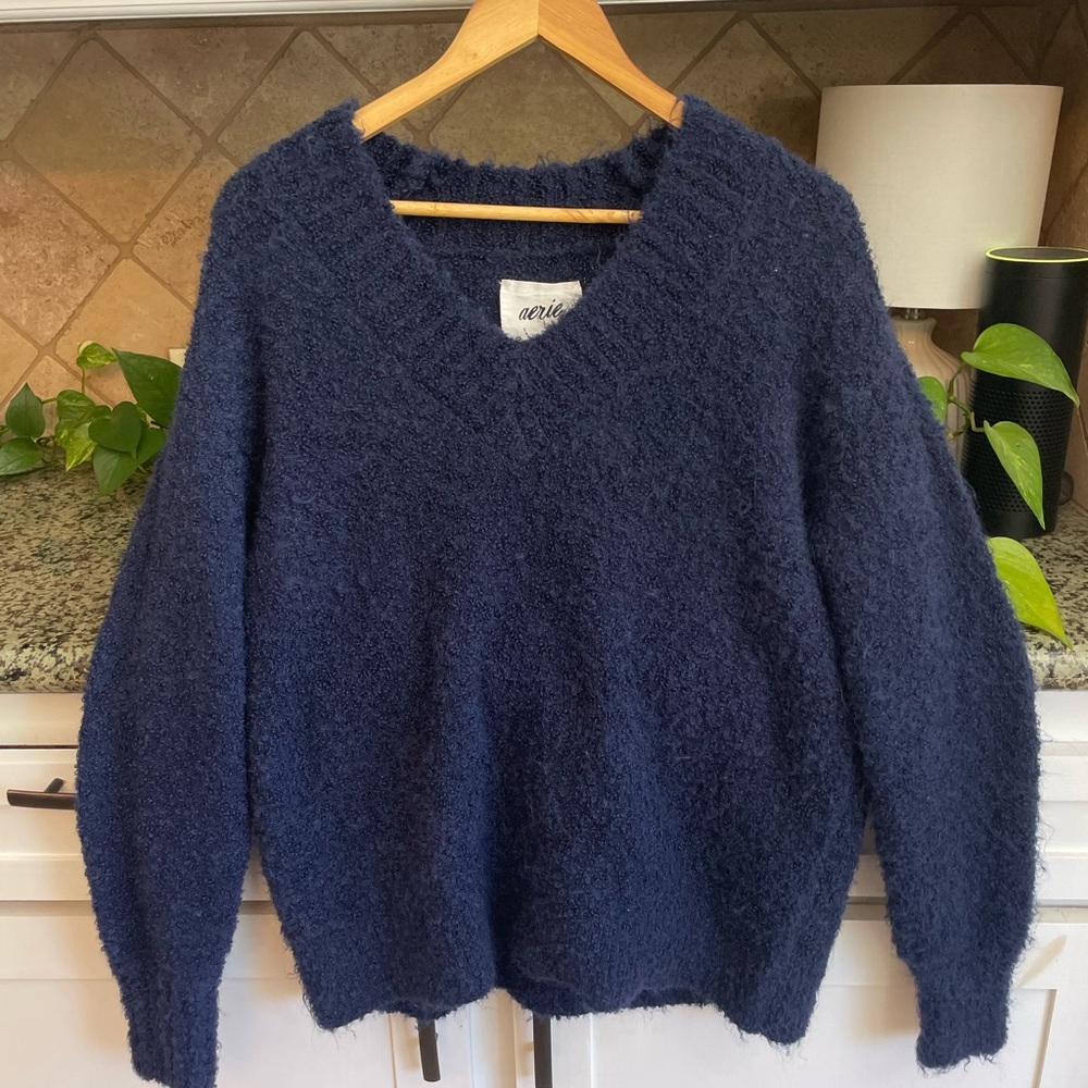 Aerie Deep Blue Oversized Soft Fuzzy V-Neck Sweater Size: XXS